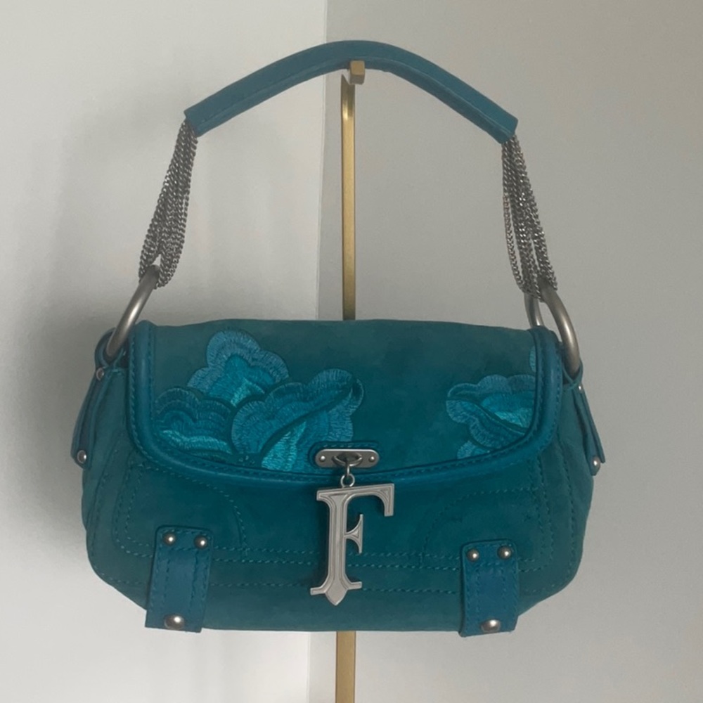 Vintage GFFerre Suede Teal Embroidered Women's Small Bag